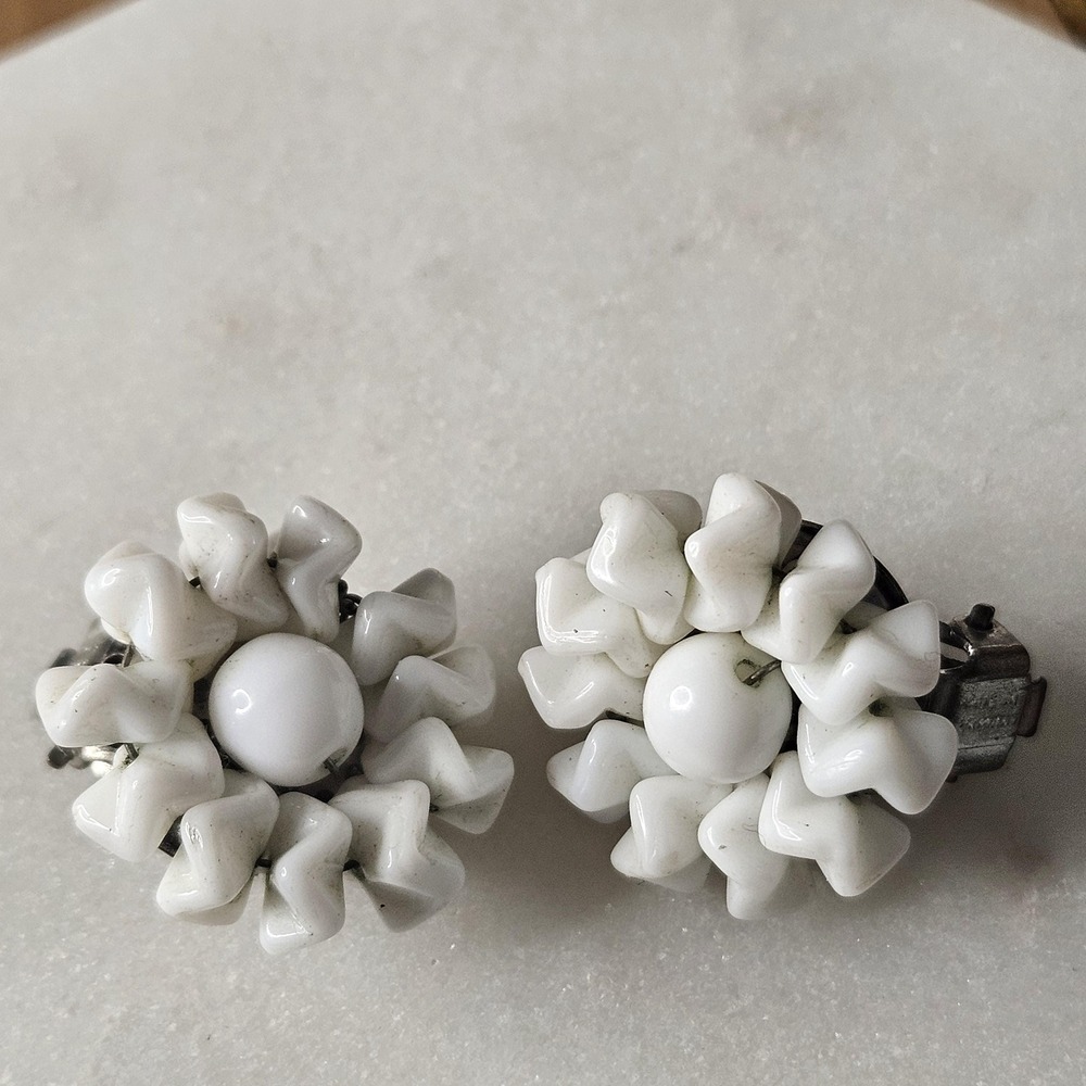 vintage made in Germany white cluster floral clip on earrings